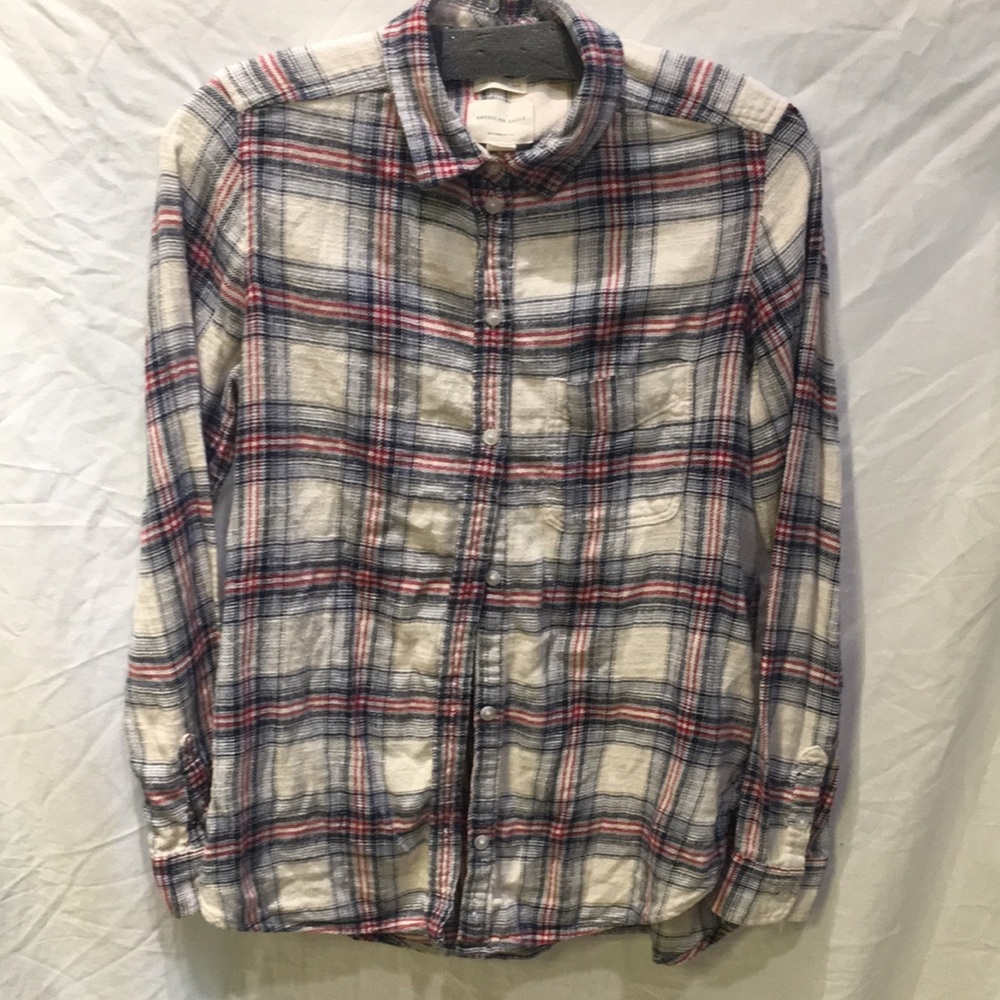 American Eagle boy friend Ahh mazingly soft cream, blue and red plaid shirt.